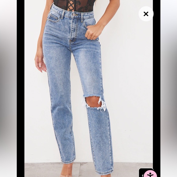 Mid Blue Wash Open Knee Long Leg Straight Leg Jeans US 10 - Picture 1 of 13